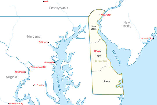 Detailed map of the state of Delaware, USA, showing its three counties: New Castle, Kent, and Sussex. 