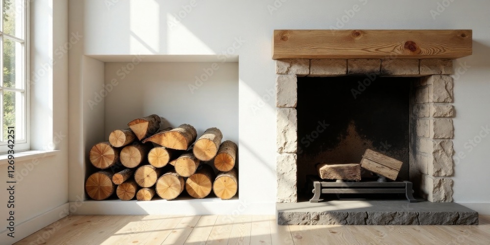 Poster a rustic stone fireplace with a wooden mantelpiece and a stack of logs in a built-in niche, bathed i