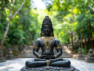 Obraz premium serene outdoor setting with wide angle view of Hindu god statue