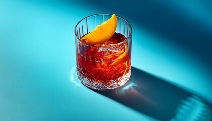 popular cocktail negroni with gin and vermouth on blue background with shadow negroni cocktail on coloured background in trendy style contemporary concept with alcohol beverage bartender cocktail