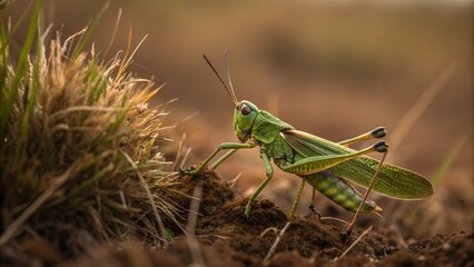 Green Grasshopper Close Up: A vibrant green grasshopper perches on the ground near a clump of grass, showcasing its intricate details in a stunning close-up shot.  The warm.