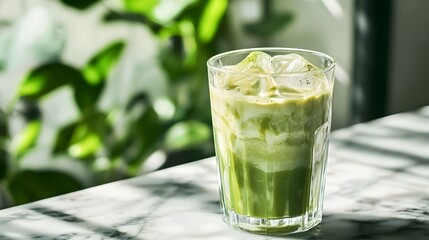 Refreshing Iced Matcha Latte in Transparent Glass on Marble Counter