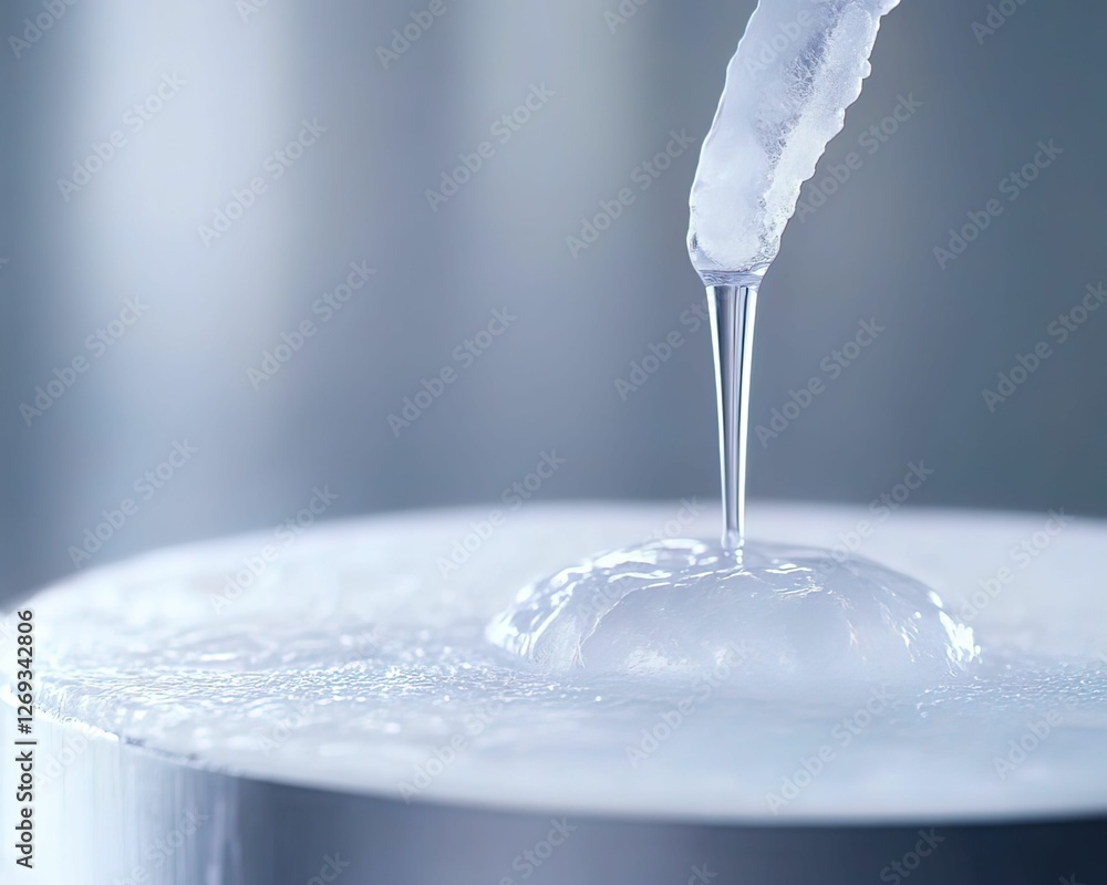 Poster a clear stream of water flows gently from a spout, creating ripples on the surface of a calm liquid.