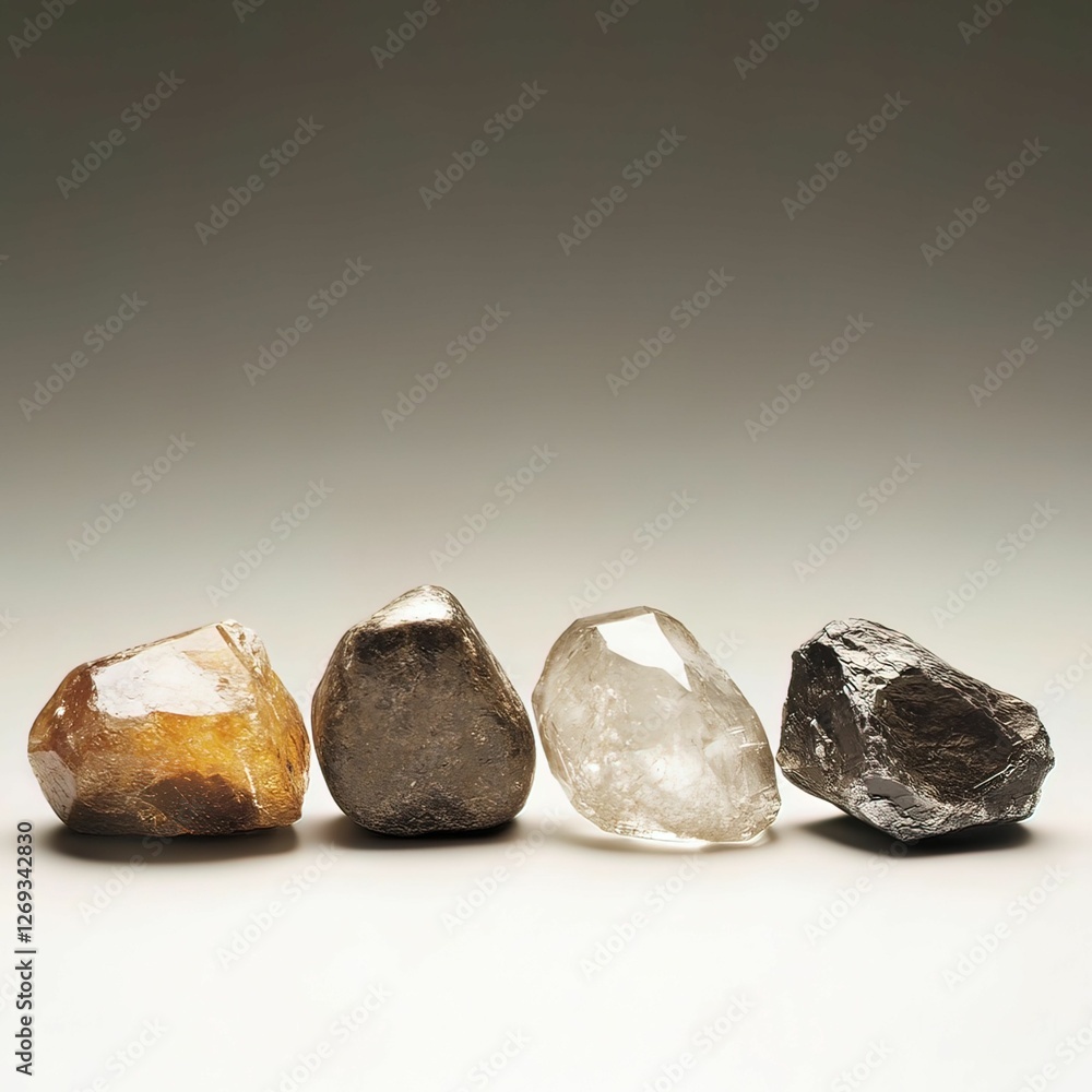 Poster a collection of four unique gemstones displaying different colors and textures against a neutral bac