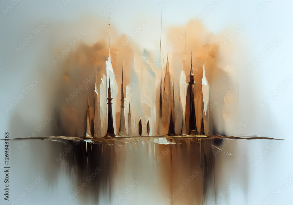 Aufkleber Abstract cityscape painting with soft brushstrokes and brown tones. Reflected towers on a smooth surface create a dreamy, atmospheric scene.