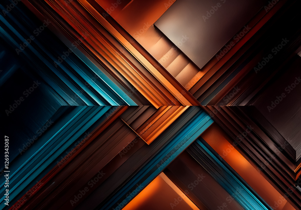 Poster abstract geometric design with overlapping shapes and lines in blue, orange, and brown hues, creatin