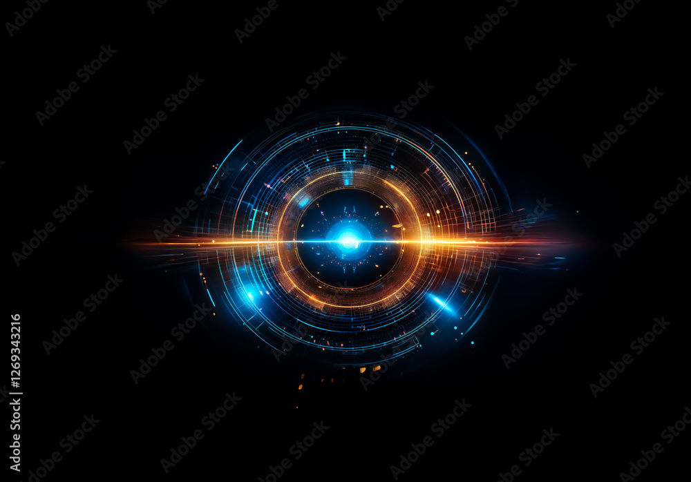 Poster a vibrant glowing circular element bursts with blue and orange light on a stark black backdrop, rese