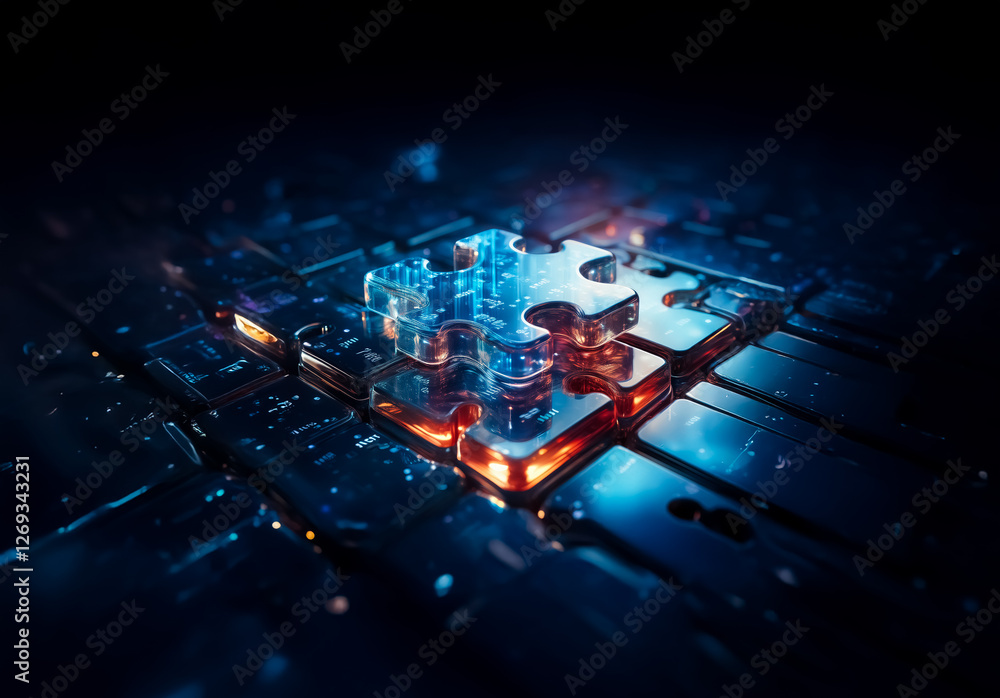 Poster glowing puzzle piece shaped chip illuminated on a dark circuit board. futuristic tech concept with b