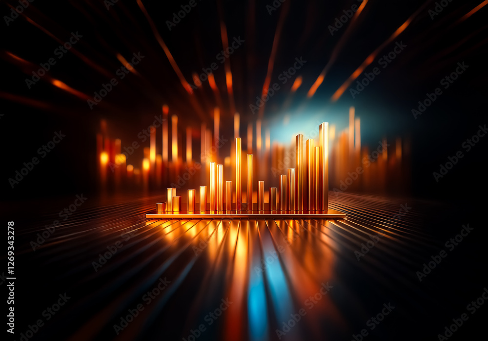 Aufkleber illuminated bar graph on a dark backdrop radiates bright light streaks. abstract glowing columns sho
