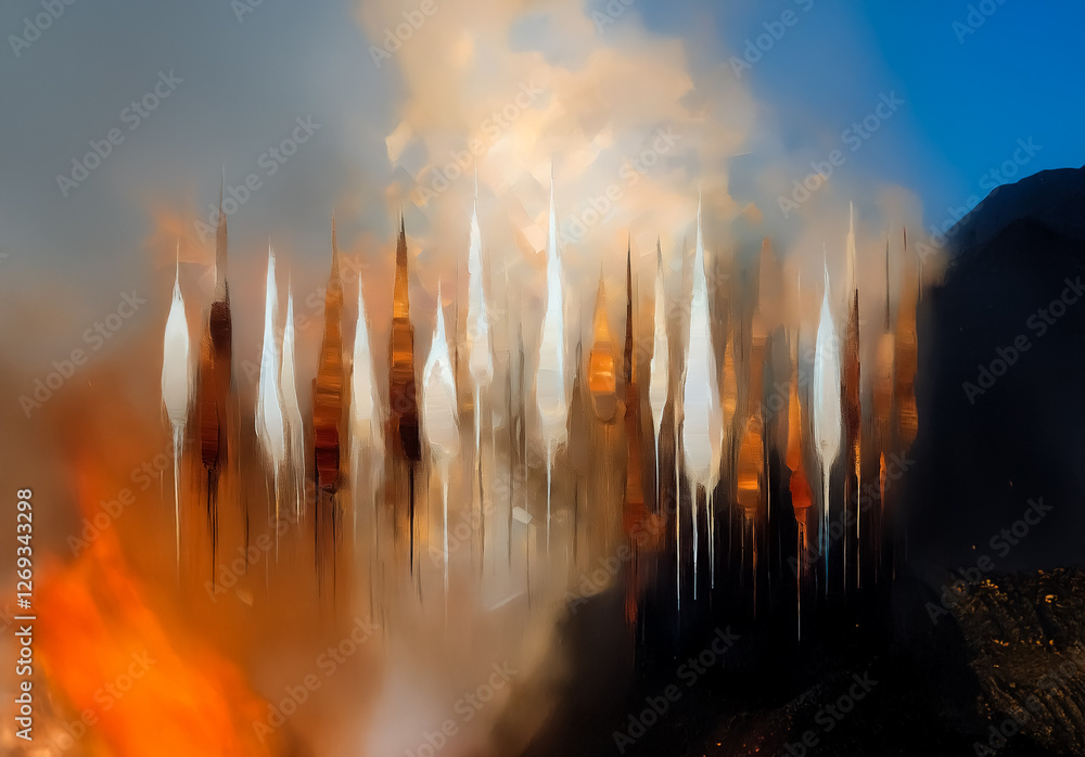 Poster abstract blurry image of pointy shapes resembling flames or spears against a contrasting dark and li