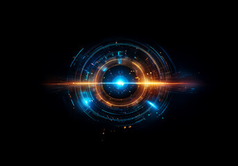 A vibrant glowing circular element bursts with blue and orange light on a stark black backdrop, resembling a futuristic portal or technological interface.