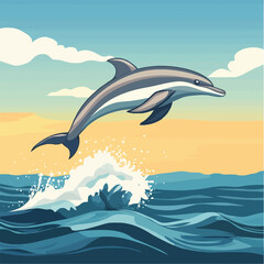 Obraz premium A lively 2D vector of a dolphin leaping out of the ocean waves.