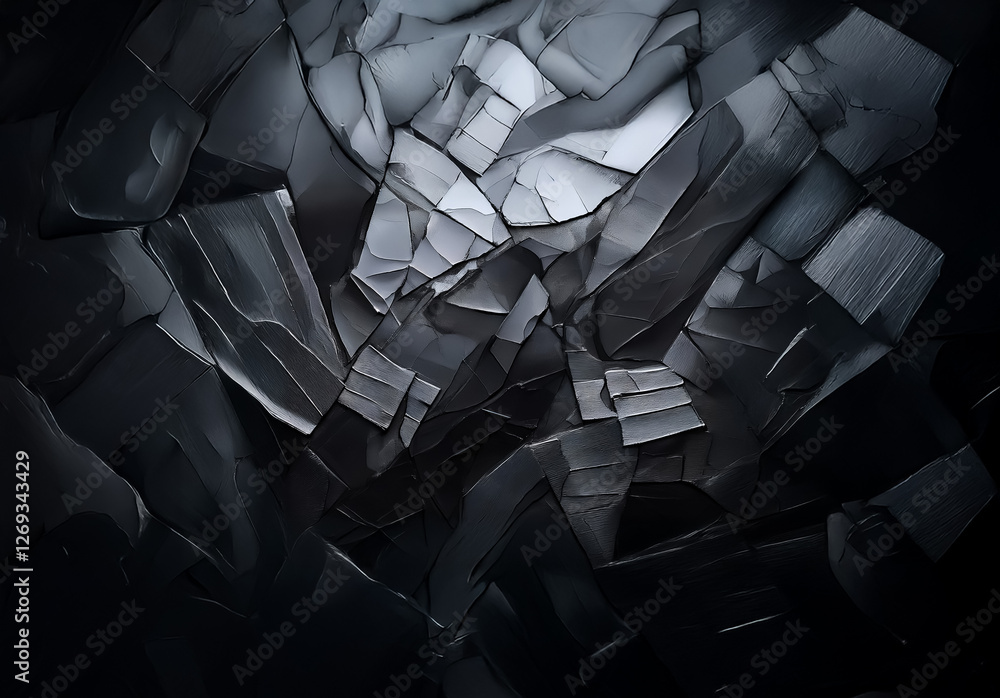 Poster dramatic abstract composition of fragmented dark surfaces featuring sharp geometric shapes with cont