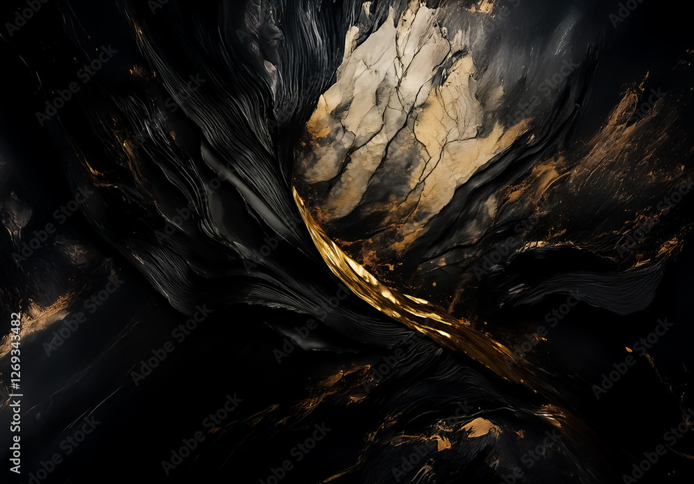 Aufkleber dramatic abstract art featuring swirling black and gold shapes creating a dynamic and elegant design