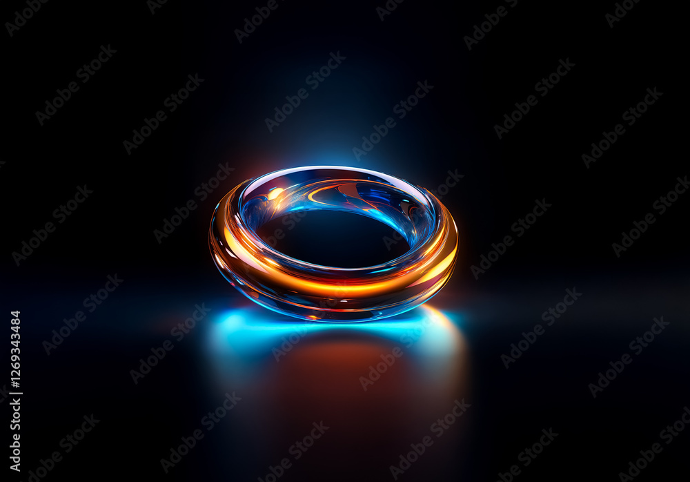 Leinwandbilder glowing ring with blue and orange light on a dark surface. the ring is reflective and smooth, with l