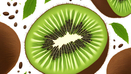 A solitary kiwi fruit, halved, is displayed against a white background, complete with a clipping path for clarity