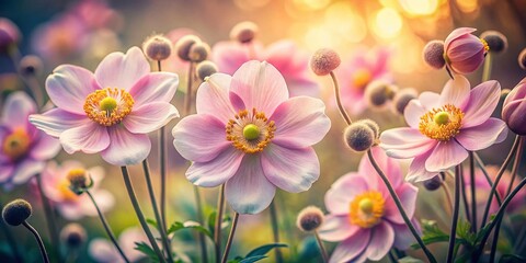 Vintage Close-Up of Japanese Anemone Flowers (Anemone hupehensis)