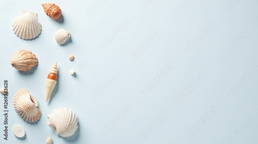 Poster seashells arranged on a light blue background, providing a calming and serene coastal aesthetic idea