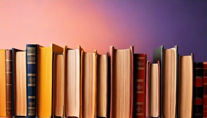 Classic books lined up on a shelf against a colorful background at a library