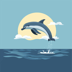 Obraz premium A lively 2D vector of a dolphin leaping out of the ocean waves.