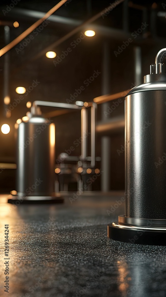 Poster a close-up view of metallic objects on a dark surface, illuminated by warm lights, creating a modern