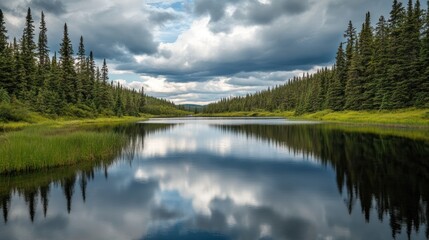Obraz premium Calm lake reflecting clouds, forest background, tranquil scene, nature photography