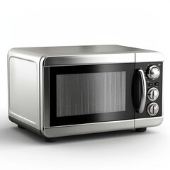 Fototapeta premium A sleek, modern microwave oven with a stainless steel finish and control knobs for easy operation.