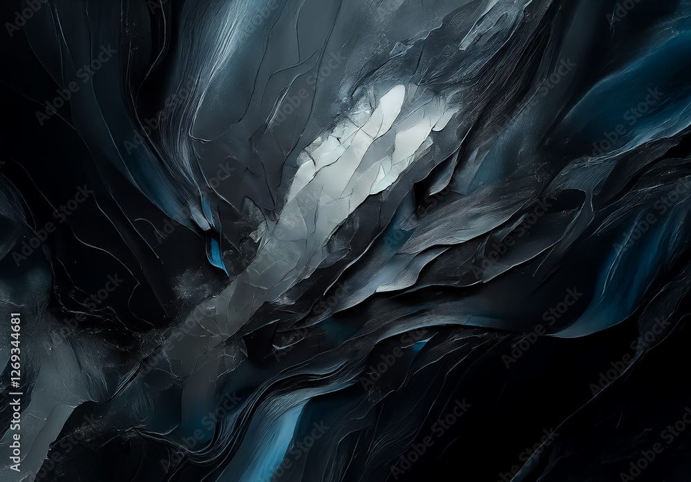Poster abstract art with dark flowing forms in grey, black, and blue hues. digital painting creating depth 