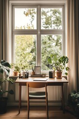 Home office desk with plants near window.