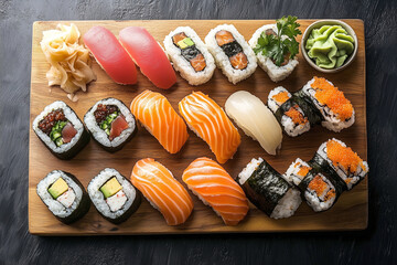 Assorted sushi rolls and nigiri on a wooden platter