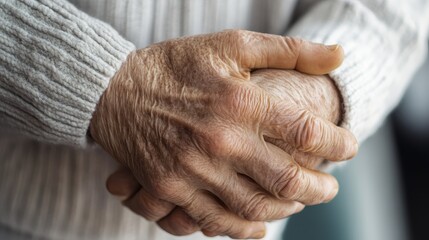 Fototapeta premium Elderly hands clasped showing wrinkled skin.