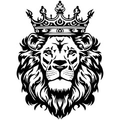 Black and white vector illustration of a majestic lion head wearing a royal crown. Perfect for tattoos, prints, logos, emblems, and noble, powerful, and regal-themed designs.
