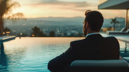 Fototapeta premium Male businessman in formal wear meditates by a luxury swimming pool at sunset overlooking the city skyline