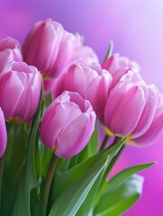 Fototapeta premium Pink tulips bouquet on blurry background, spring flowers for international womens day 8 march as gift, violet purple bunch romantic present from floral shop made by florist, close up view copy space