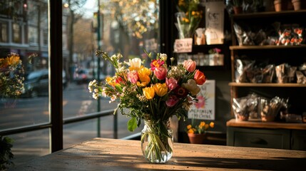 Colorful bouquets in a flower shop with bright spring flowers: tulips, daffodils, lilies, peonies and roses, ideal for celebrations and gifts. copy space