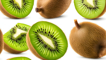 One kiwi, cut into halves, is isolated on a white background, with a clipping path ensuring a clean presentation