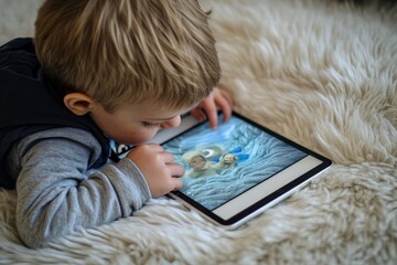 Child Engaged with Tablet on Soft Textured Blanket at Home