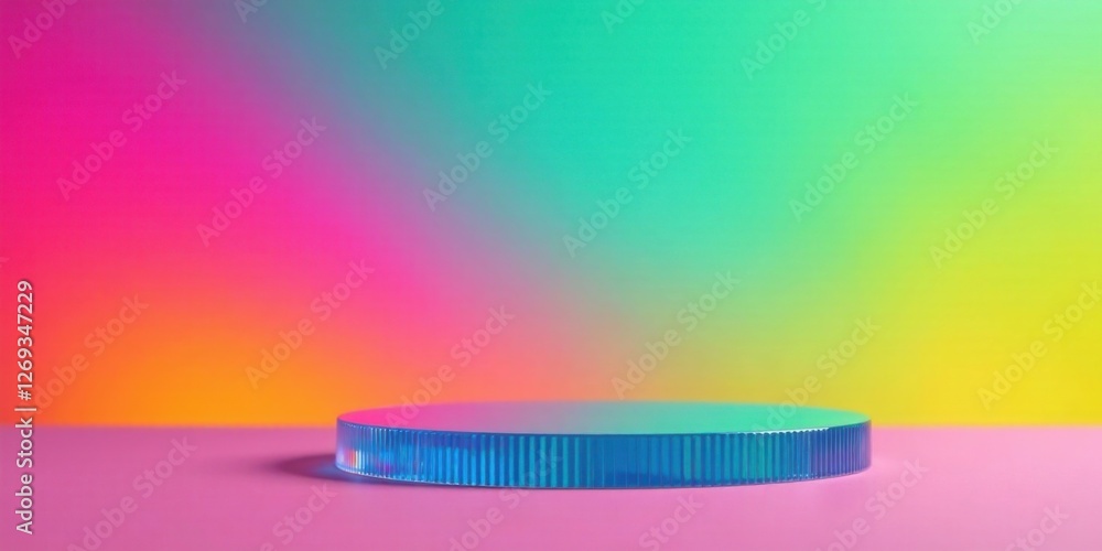 Poster vibrant gradient backdrop featuring a sleek, translucent, cylindrical platform ideal for product sho