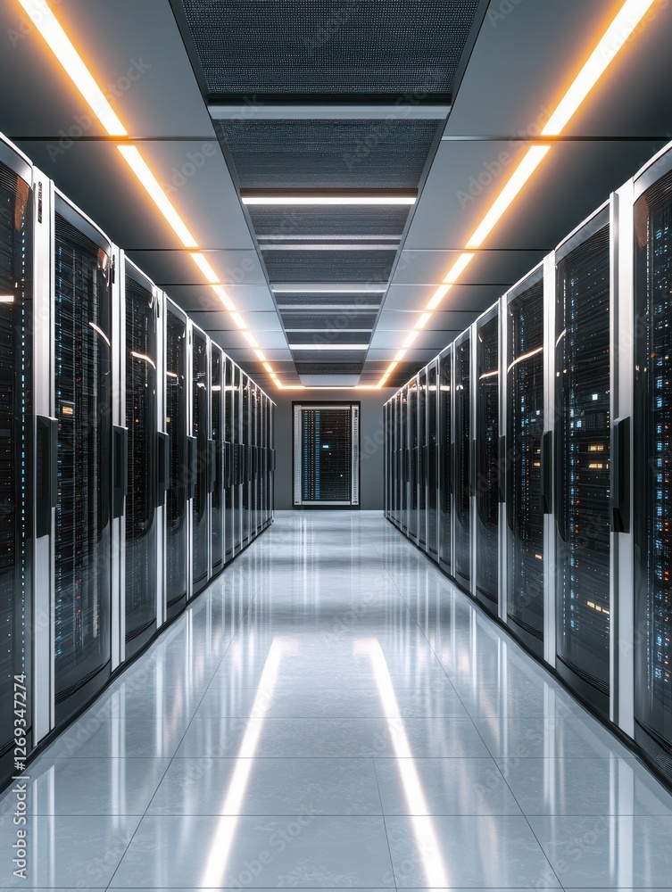 Poster server room with rows of server racks