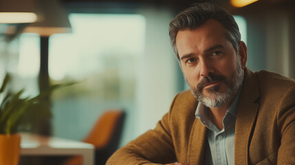 Middle-aged man in a bank office, listening attentively to a mortgage consultant