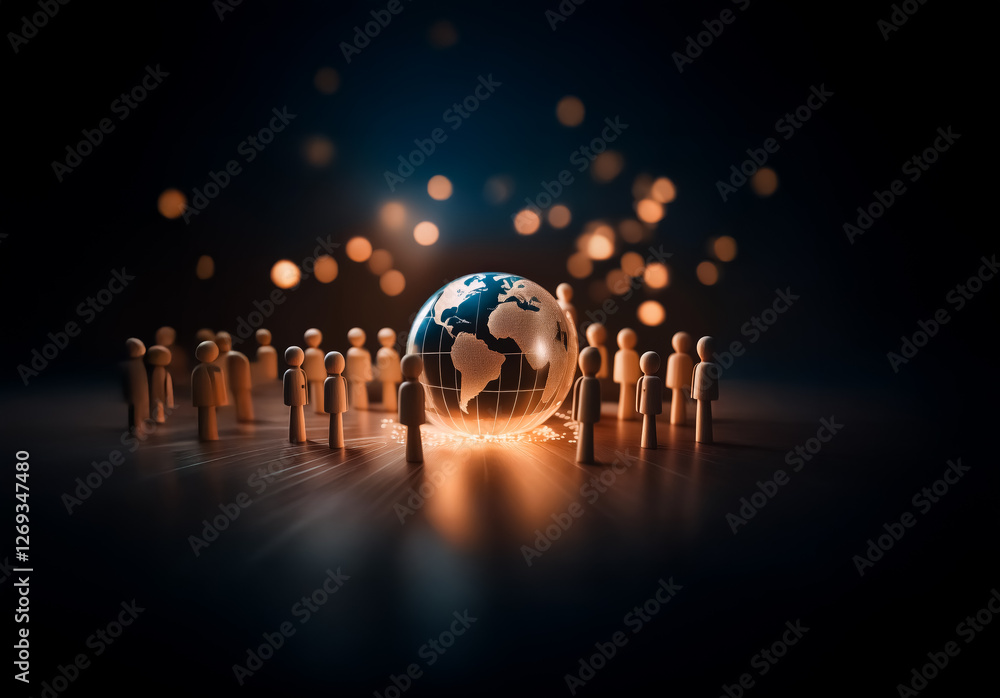 Poster a group of wooden figures encircles a glowing globe, symbolizing global unity and connection. bokeh 