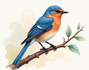 Vibrant Blue and Orange Bird Perched on Branch - Detailed Wildlife Illustration