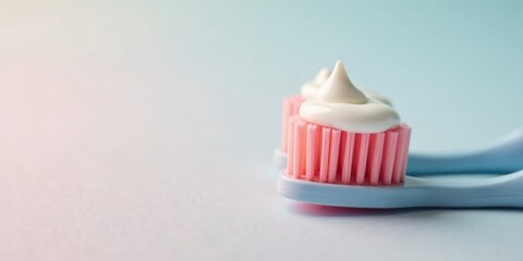 Close-up of pink toothbrush heads with dollop of white paste on light blue background