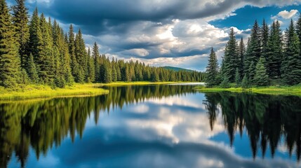 Fototapeta premium Peaceful lake reflected in cloudscape forest, tranquil nature, scenic view, for nature wallpaper