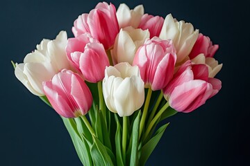 Bouquet of pink and white tulips on a dark background. Bouquet of fresh pink and white tulips close-up