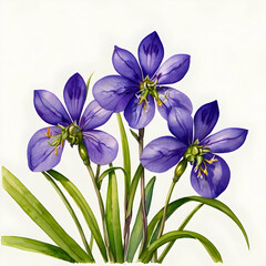 Naklejka premium vibrant watercolor spiderwort flowers in full bloom delicate blooms with lush green foliage on white background