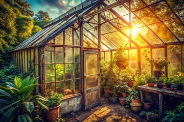 Fototapeta premium Vintage Greenhouse Structure, Aged Glass, Botanical Garden, Sunlit Interior, Architectural Detail