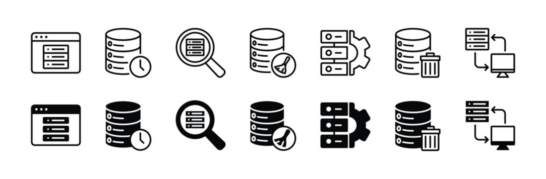 Computer data technology or database thin line icon set. Containing browsing, history, clear, searching, settings, remove, and switch of cache. Vector illustration