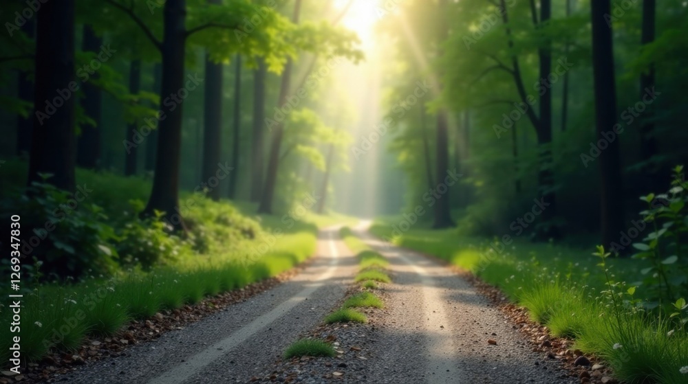 Poster sunlit path through a verdant forest, leading to a serene and mysterious destination