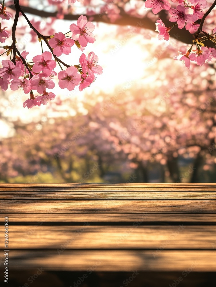Aufkleber spring background with wooden table. natural template for product display with cherry blossoms bokeh